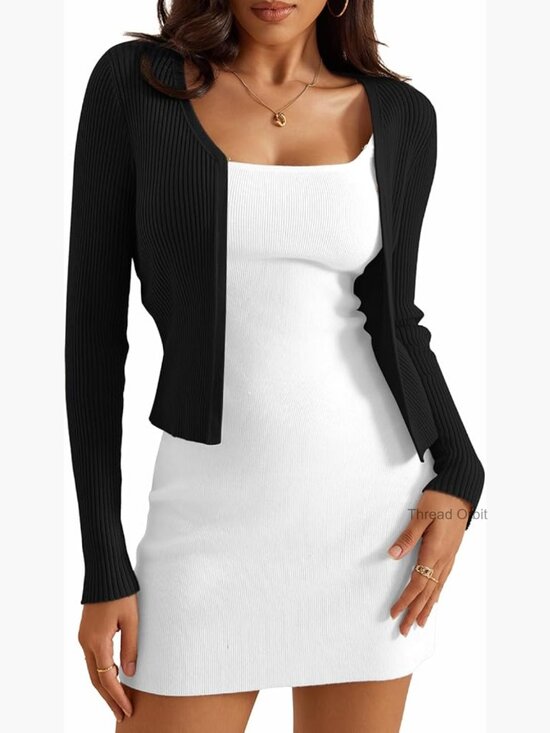 Sweaters - Open Front Cropped Cardigan V-Neck Long Sleeve Rib Knit Shrug